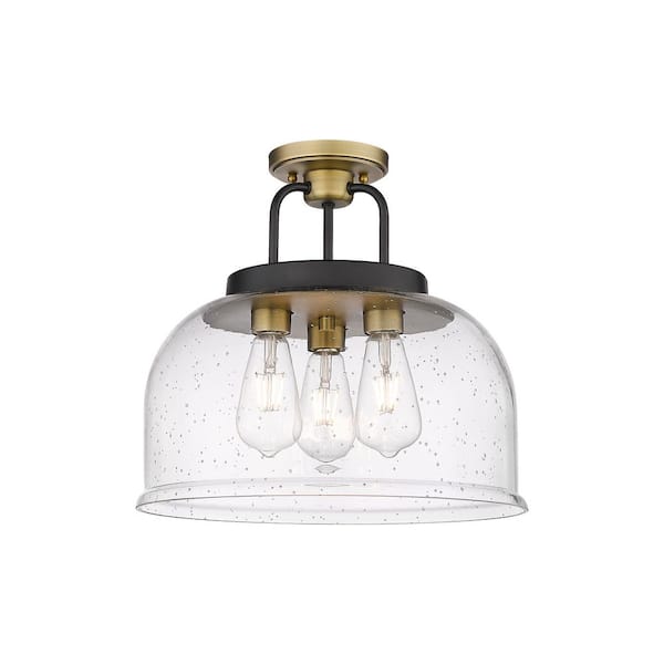 Kahana 15 in. 3-Light Black Brushed Brass Industrial Semi-Flush Mount with Seeded Glass Shade