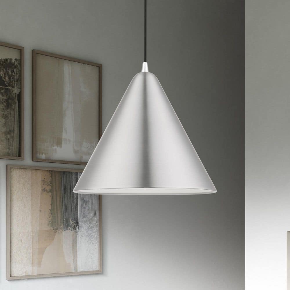 Dulce Brushed Aluminum Pendant with Shiny White Interior, 14" Shade