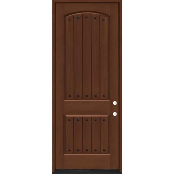 Regency 36 in. x 96 in. 2-Panel Plank LHIS Chestnut Stain Fiberglass Prehung Front Door with Clavos