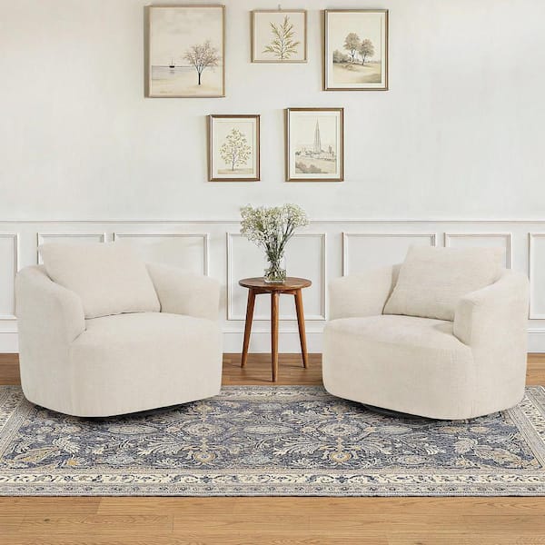 OrangeOne Natural Chenille Twill Fabric Upholstered 360° Swivel Barrel Accent Chair Metal Base Swivel Arm Chair with Pillow
