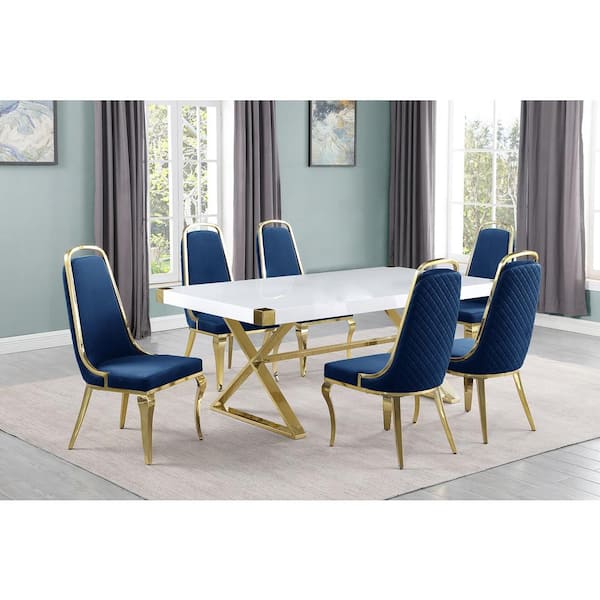 Best Quality Furniture Miguel 7-Piece Rectangle White Wood Top Gold Stainless Steel Dining Set with 6-Navy Blue Velvet Chairs.