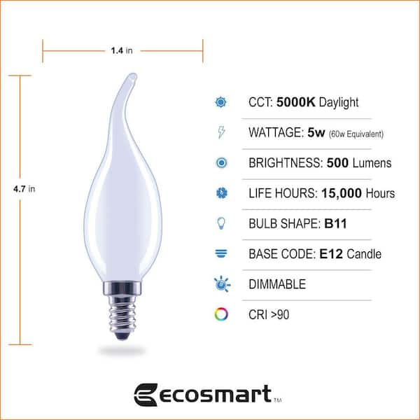 EcoSmart 60 Watt Equivalent B11 Dimmable E12 Candelabra Bent Tip