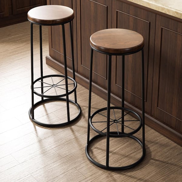 Cera 33 in. Toasted Barnwood Round Bar Height Stool (Set of 2)