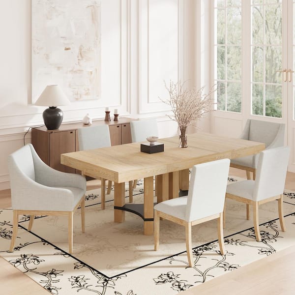 Polibi 7-Piece Rustic Natural Extendable Wood Top Dining Room Set Seats 6