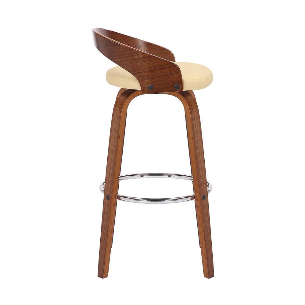 Cream Faux Leather and Walnut Wood Swivel Bar Stool, 30"