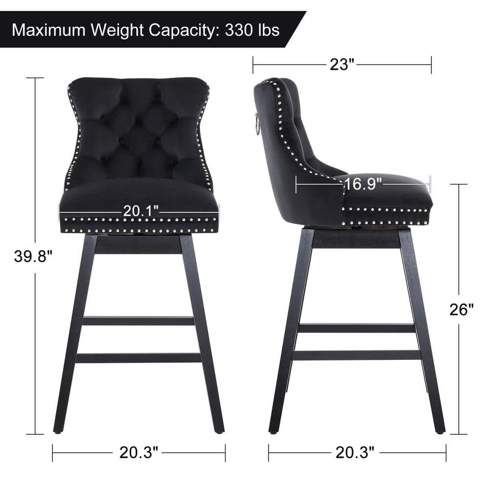 Black Velvet Upholstered Swivel Counter Height Stools with Wood Legs, Set of 4