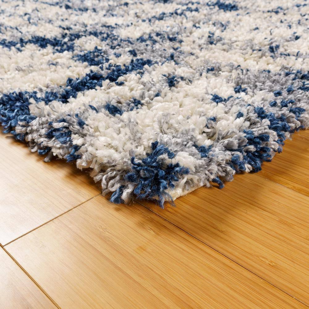 Myra Blue and Cream Abstract Shag Area Rug, 9x13