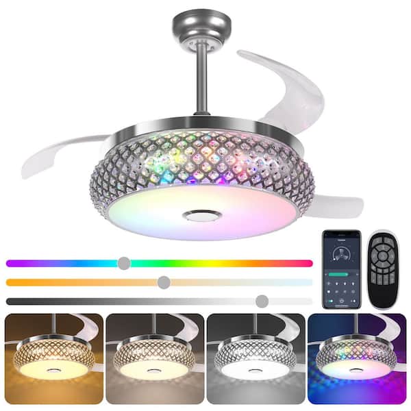 42 in. Indoor Modern Silver Retractable 4-Blade Crystal Ceiling Fan Chandelier with Remote Control and Light Kit