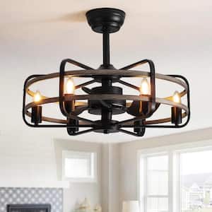 Caged 25 in. Indoor Black Low Profile Fandelier Ceiling Fan with E26 Bulb Type (Not Included) with Remote Included