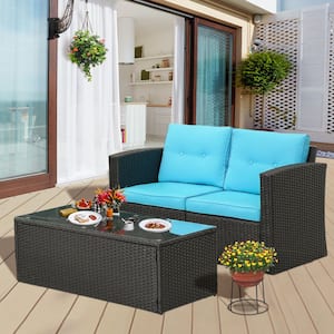 2 Piece Wicker Outdoor Patio Sectional Conversation Seating Set with Blue Cushions and Ottoman