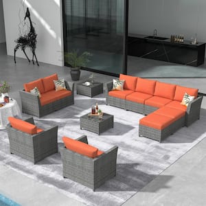 Bexley Gray 12-Piece Wicker Patio Conversation Seating Set with Orange Red Cushions