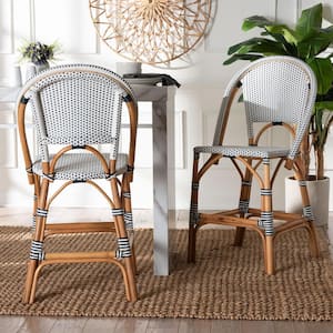 Genica 24 in. Navy Blue and White Weaving Rattan Counter Stool (Set of 2)