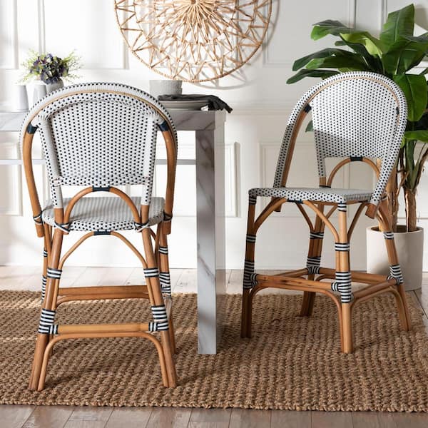 bali & pari Genica 24 in. Navy Blue and White Weaving Rattan Counter Stool (Set of 2)