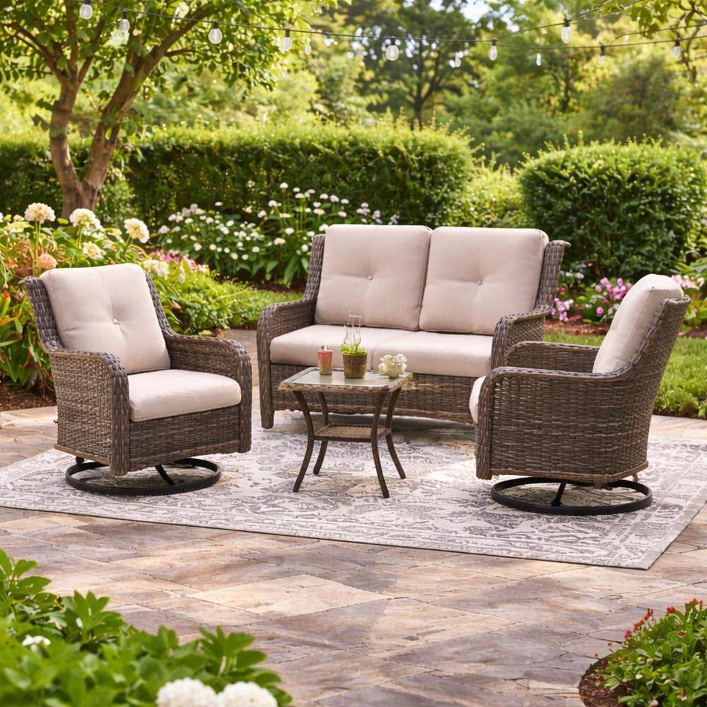 4-Piece Wicker Outdoor Rocking Chair Patio Swivel Set with Loveseat, Side Table and Beige Cushion price history on PriceWatchPro