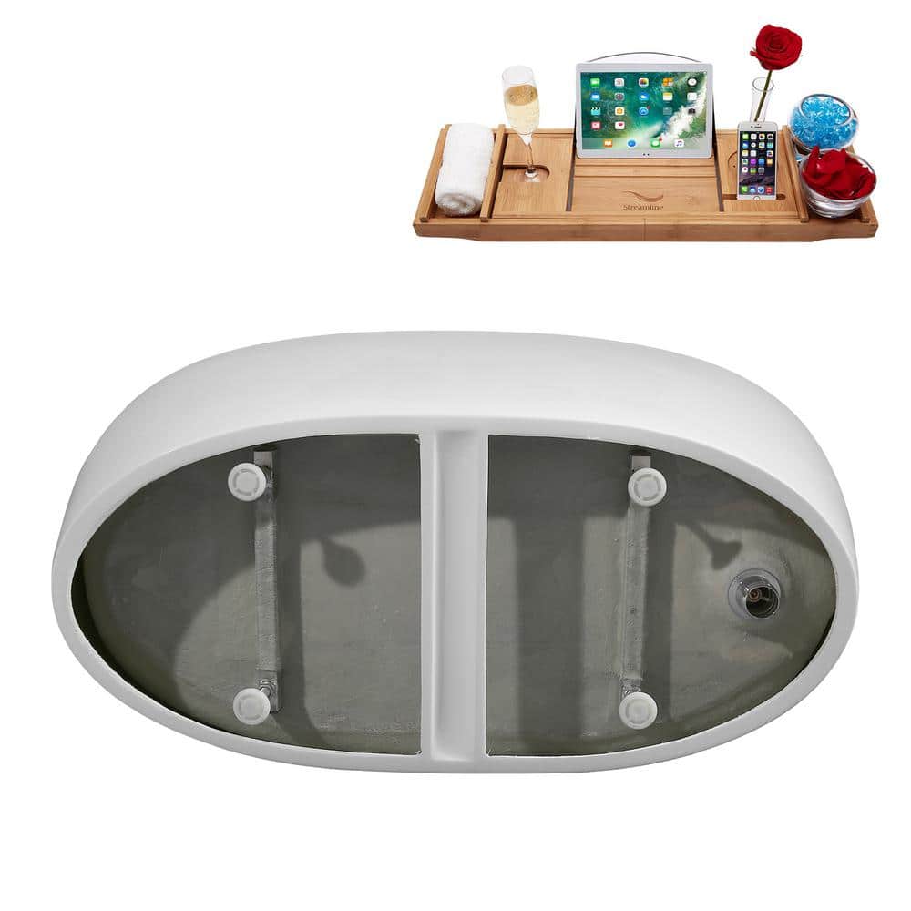 51" Glossy White Acrylic Freestanding Soaking Bathtub with Bamboo Tray