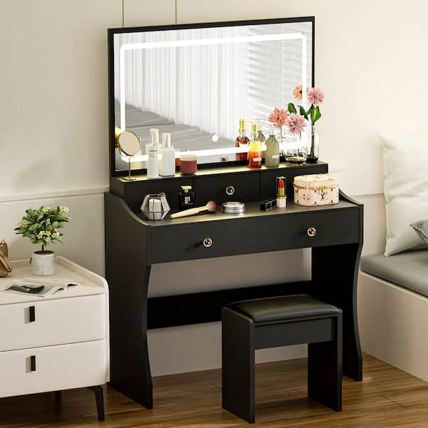 Makeup Vanity Desk with 3-Color Modes Adjustable Lights Vanity Table and Chair Set with Charging Station, Black