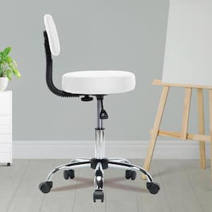 White Adjustable Drafting Stool with Wheels and Backrest, Faux Leather Space-Saving Rolling Stool