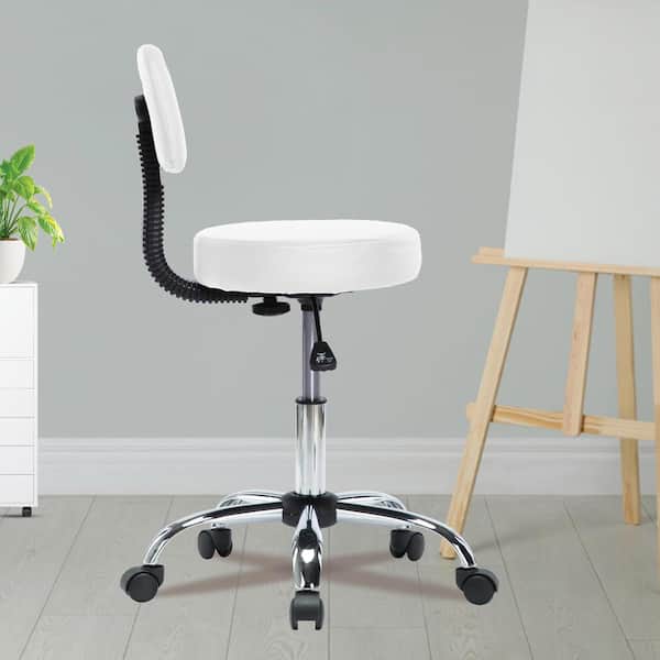 MAYKOOSH Faux Leather Adjustable Height, Rolling, and Padded Ergonomic Stool Chair in White with Fixed Arms