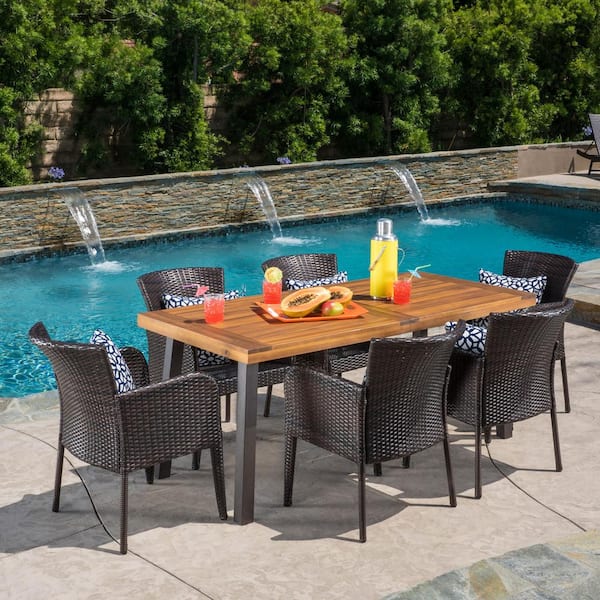 Noble House Denaya Natural Stained With Rustic Metal And Multi Brown 7 Piece Wood Wicker Outdoor Dining Set 10225 The Home Depot Noble House Denaya Natural Stained With, Rustic Patio Furniture Set
