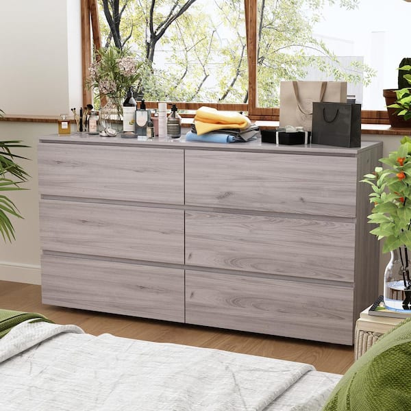 FUFU&GAGA 6-Drawers Gray Wood Chest of Drawer Accent Storage Cabinet Organizer 59 in. W x 15.7 in. D x 32.3 in. H