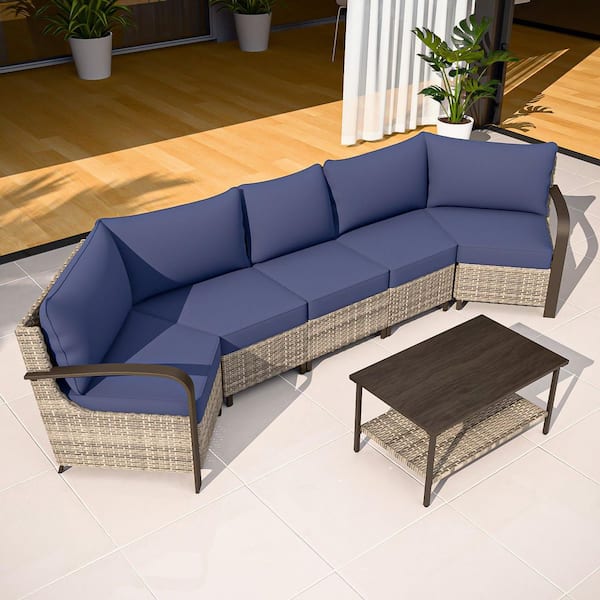 6-Piece Wicker Patio Conversation Sectional Seating Set with Blue Cushions