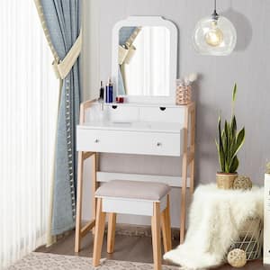 2-Piece White Makeup Vanity Table Set with 3-Drawers and Mirror Dressing Table and Cushioned Stool Set