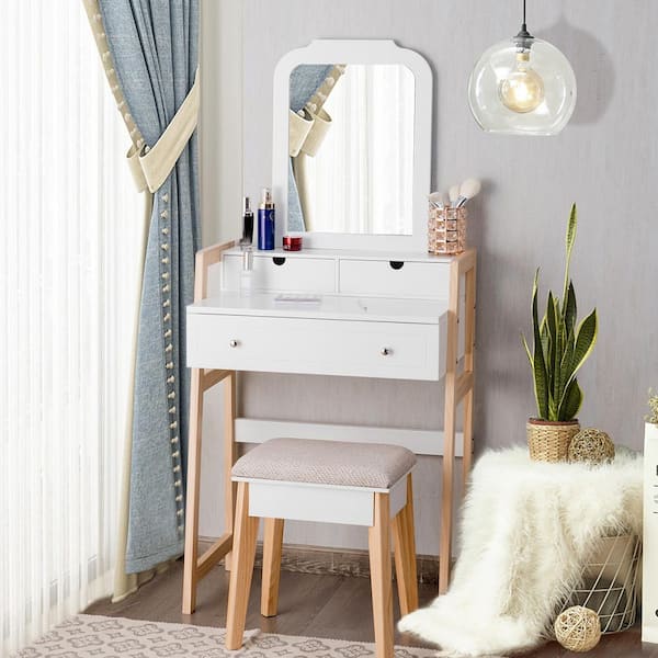 2-Piece White Makeup Vanity Table Set with 3-Drawers and Mirror Dressing Table and Cushioned Stool Set