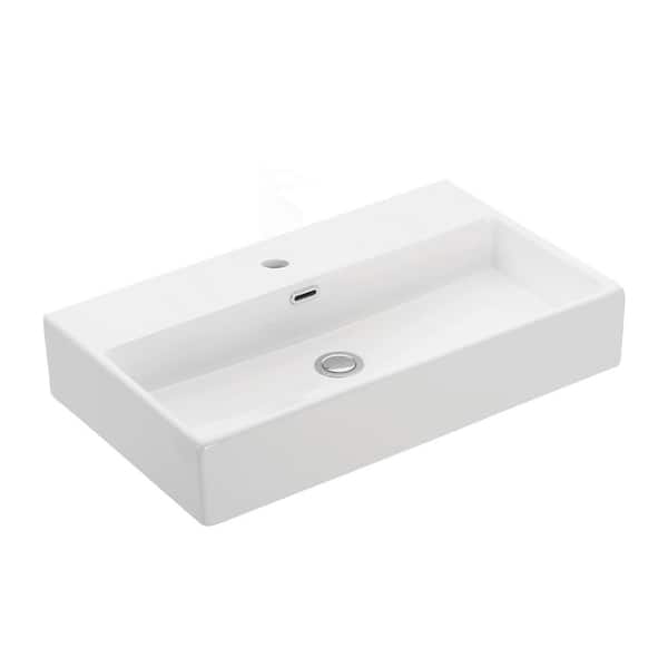 WS Bath Collections Quattro 70 Wall Mount / Vessel Bathroom Sink in Ceramic White with 1 Faucet Hole