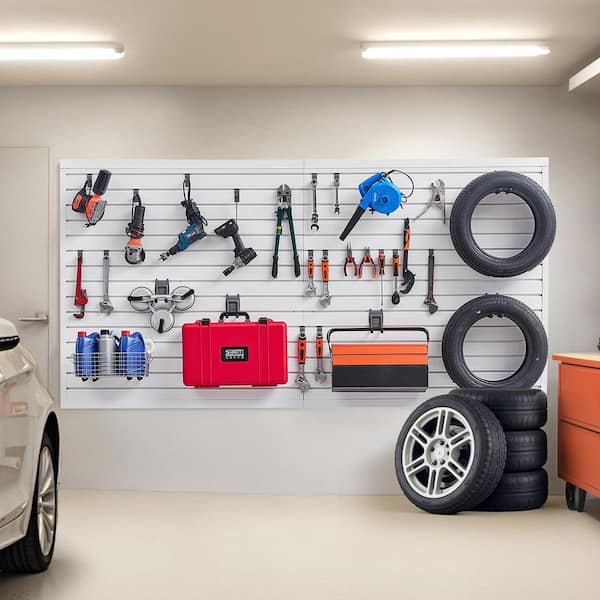 Slat Wall Paneling, 0.78 in. H x 96.45 in. W SlatWall Panels in White 1-Pack, PVC Garage Slatwall with Accessories