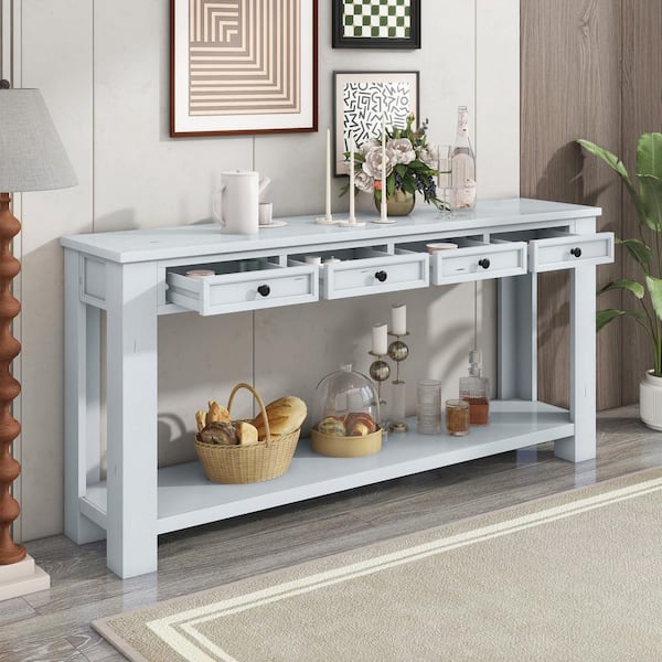Harper & Bright Designs 63 in. Antique White Standard Rectangle Wood Console Table with 4-Drawers
