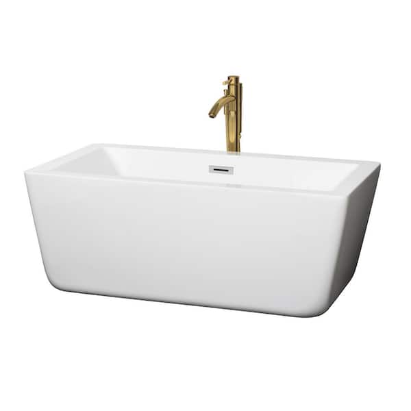 Laura 58.75 in. Acrylic Flatbottom Bathtub in White with Polished Chrome Trim and Brushed Gold Faucet