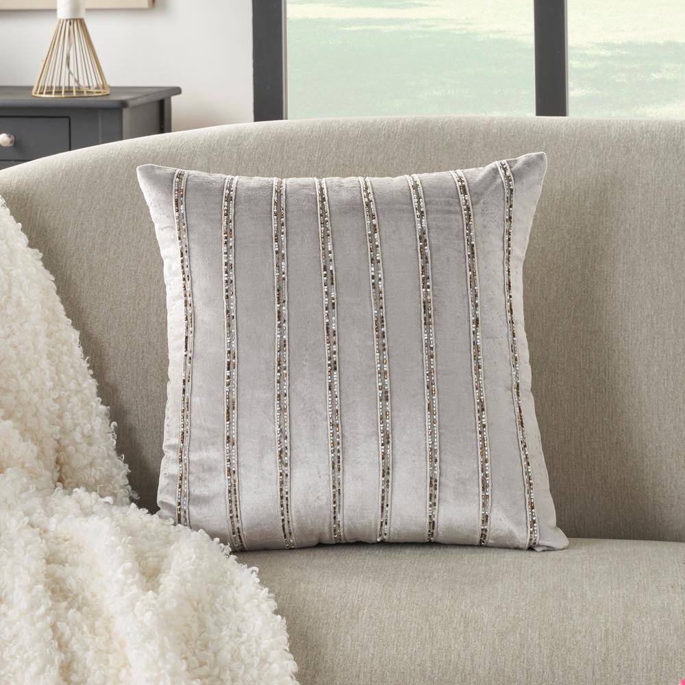 20" Light Gray Velvet Beaded Striped Square Throw Pillow