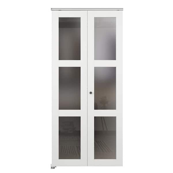 30 in. x 80 in. 3 Lite Frosted Glass Solid Core White Composite Bi-Fold Door with Hardware Kit and Door Handle