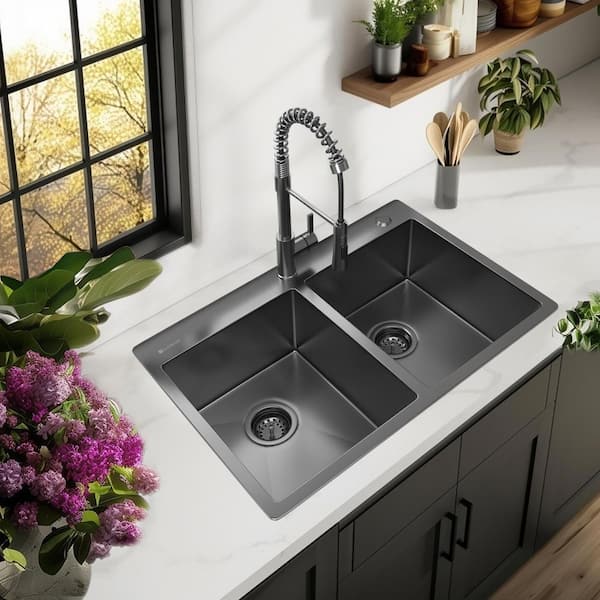 33 in. Drop-In Double Bowl 18 Gauge Gunmetal Black Stainless Steel Kitchen Sink with Black Spring Neck Faucet