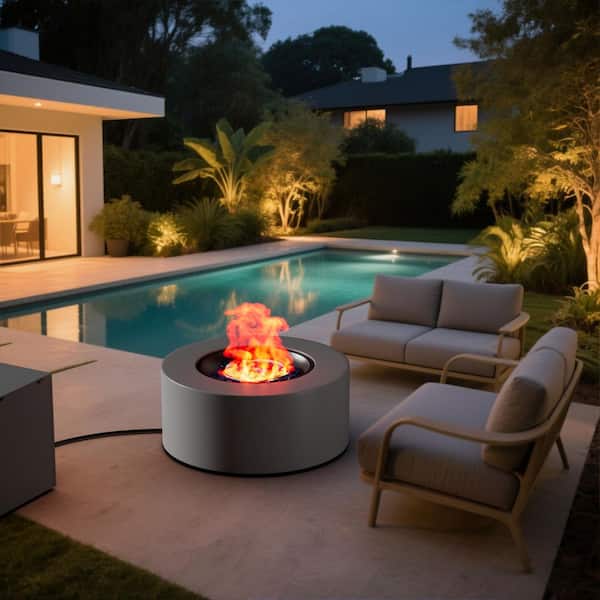 30 in. Round Propane Fire Pit Table 50,000 BTU Gray Outdoor Fire Table with Lid, Rocks and Cover-Backyard Fire Pit