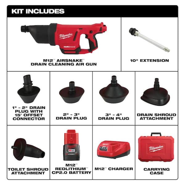 M12 12-Volt Lithium-Ion Cordless Drain Cleaning Airsnake Air Gun Kit with (1) 2.0Ah Battery, Toilet Attachments