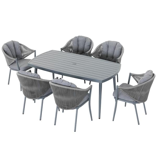 7-Piece Aluminum Outdoor Patio Dining Set with Grey Cushion