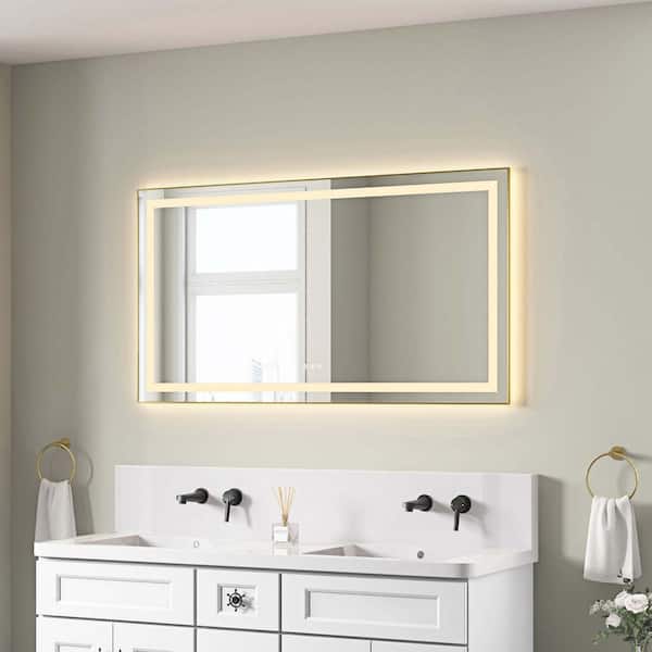 Brushed Gold 55.00 in. W x 28.00 in. H LED Modern Rectangle Aluminium Framed Wall Mirror