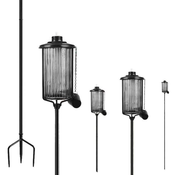 55 Inch Black Glass Metal Outdoor Garden Flame Torches with 3-Prong Stakes for Yard Patio 4 Pack