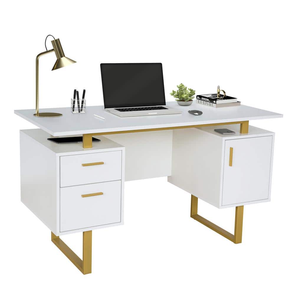 White and Gold Modern Writing Desk with Storage Drawers