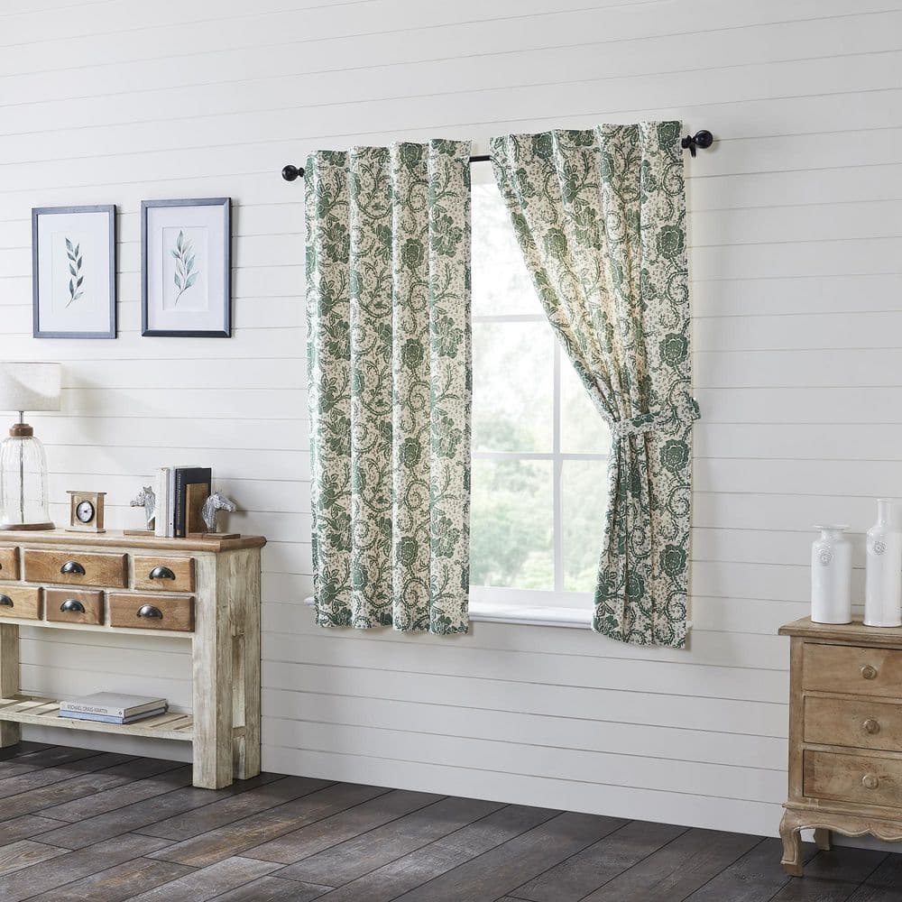 VHC BRANDS Dorset 36 in W x 63 in L Floral Light Filtering Rod Pocket Window Panel Basil Creme Evergreen Pair, Natural Creme/ Dark Basil/ Evergreen