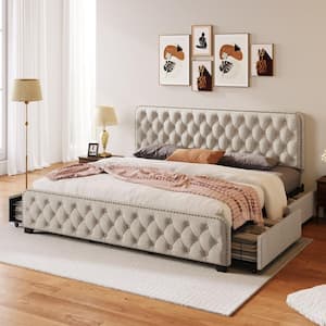 Beige Metal Frame King Size Button Tufted Nailhead Upholstered Platform Bed with 4 Large Drawers