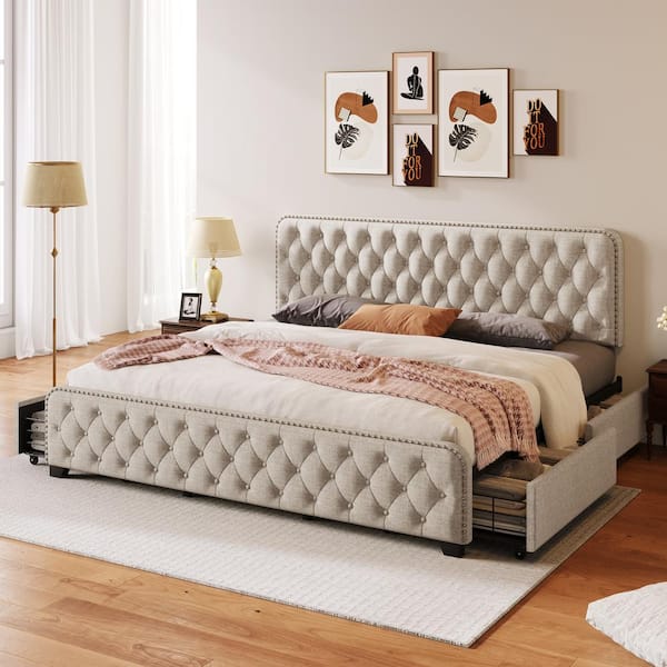 Harper & Bright Designs Beige Metal Frame King Size Button Tufted Nailhead Upholstered Platform Bed with 4 Large Drawers