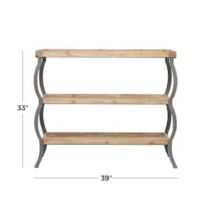 39 in. Brown Extra Large Rectangle Wood 2 Shelves Console Table with Bowed Grey Metal Legs