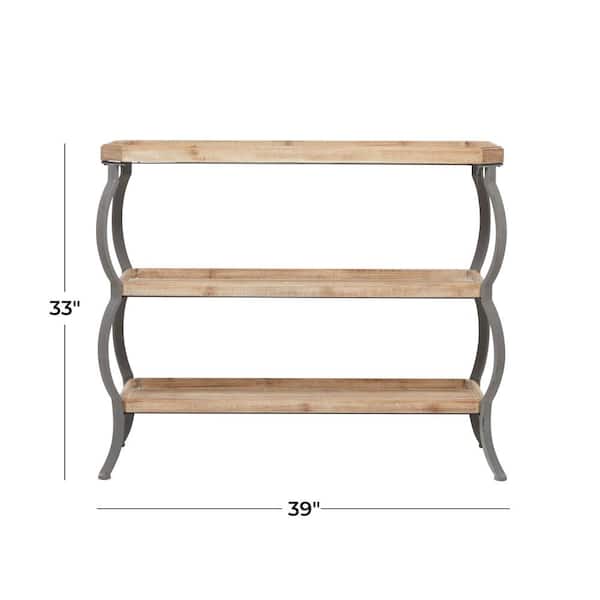 39 in. Brown Extra Large Rectangle Wood 2 Shelves Console Table with Bowed Grey Metal Legs