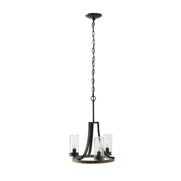 Home Decorators Collection Ellena 3-Light Matte Black and Maple Tone Outdoor Chandelier with Seedy Glass