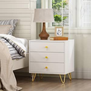 3-Drawer White Nightstands with Metal Legs Bedside Table 15.7 in. D x 19.6 in. W x 21.6 in. H