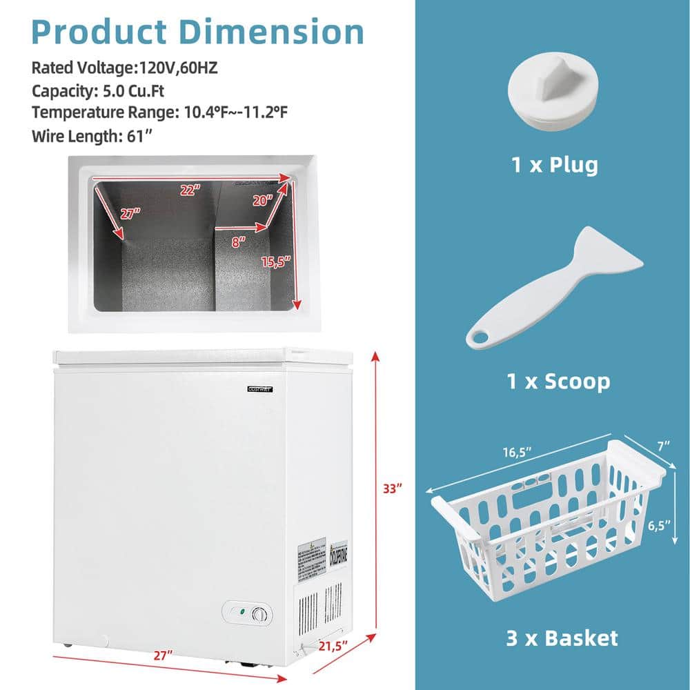 Compact White 5.2 Cu.ft Chest Freezer with 3 Baskets