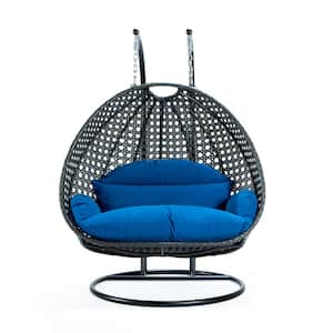 Charcoal Wicker Hanging 2-Person Egg Swing Chair Patio Swing with Blue Cushions