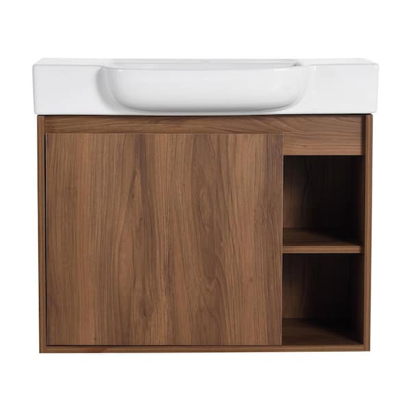 28 in. Wall-Mounted Single Brown Ebony Bath Vanity with White Ceramic Vanity Top Unassembled
